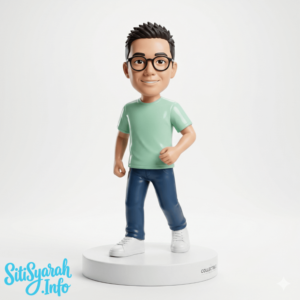 Contoh foto diubah jadi action figure 3D dengan tekstur plastik glossy dan background putih bersih