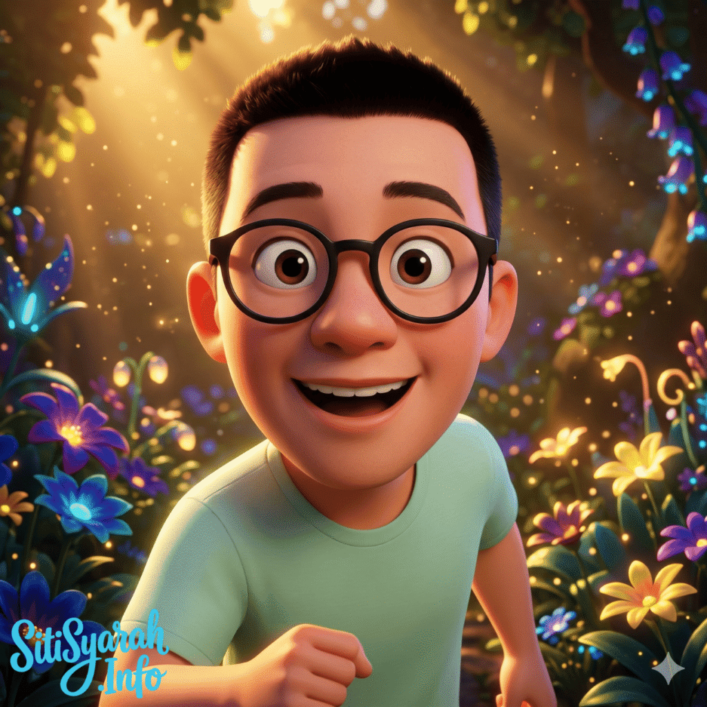 Contoh foto diubah jadi karakter animasi 3D bergaya Pixar dengan pencahayaan hangat sinematik