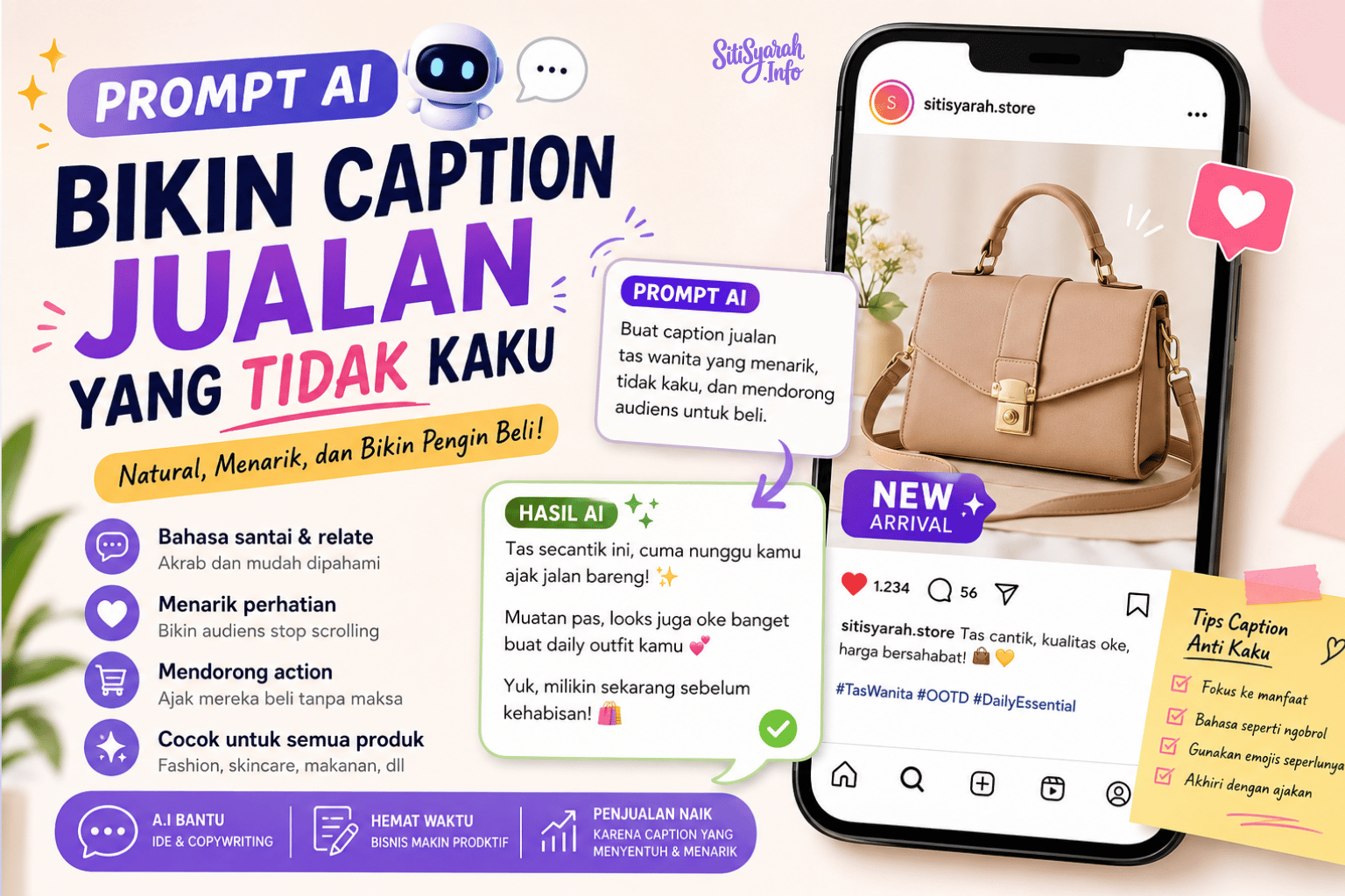 Contoh caption jualan natural hasil prompt AI di ChatGPT dan Gemini untuk Instagram dan marketplace