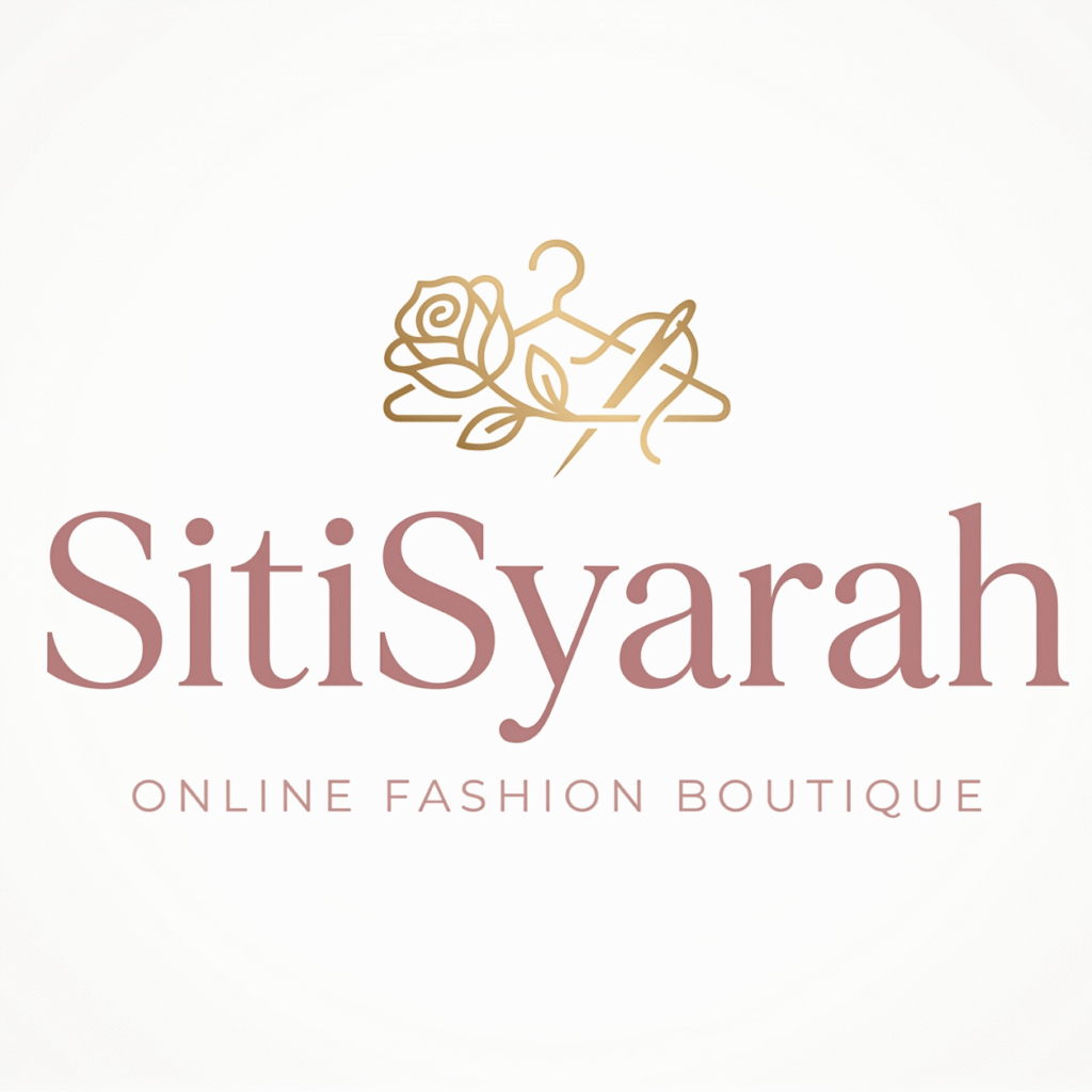 Logo butik fashion online elegan dengan ikon gantungan baju dan aksen emas dari prompt AI