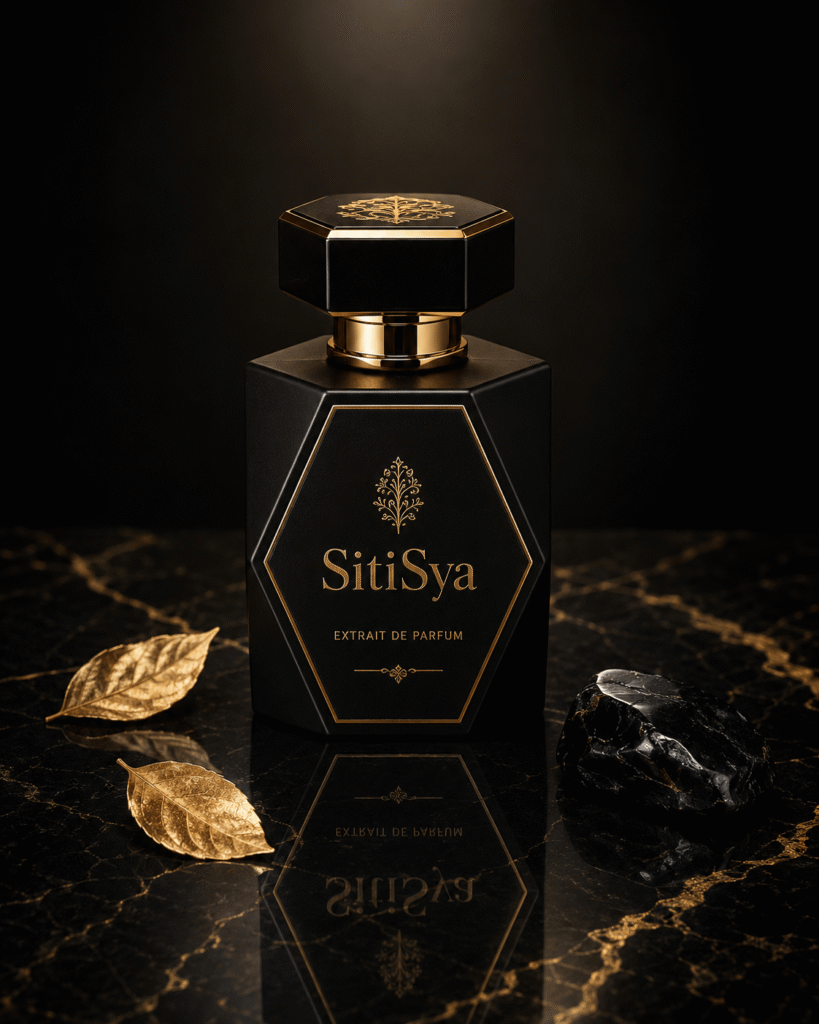 prompt ai Desain botol parfum hitam matte