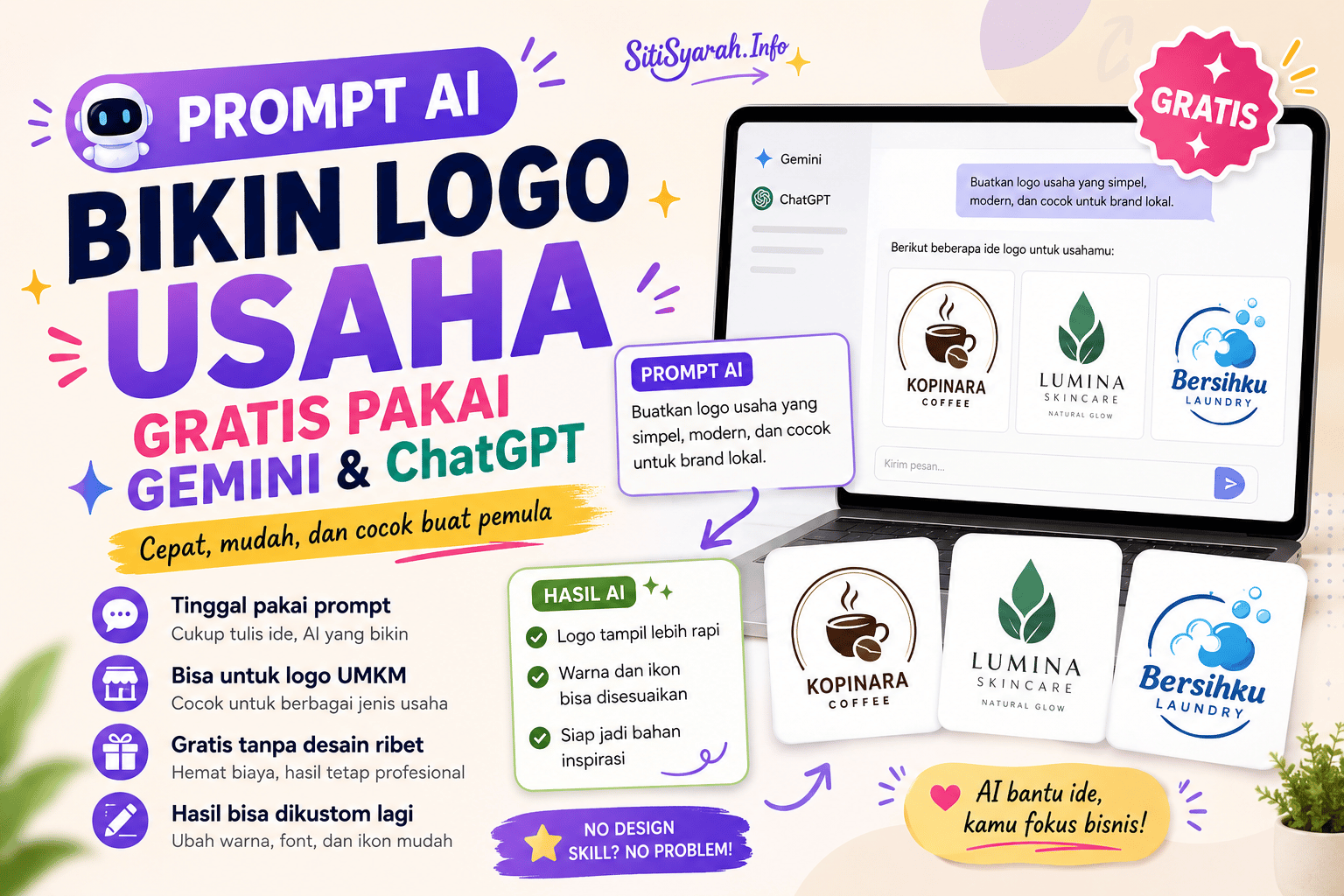 Contoh logo kuliner rumahan minimalis hasil prompt AI di Gemini dengan ikon mangkuk dan warna hangat