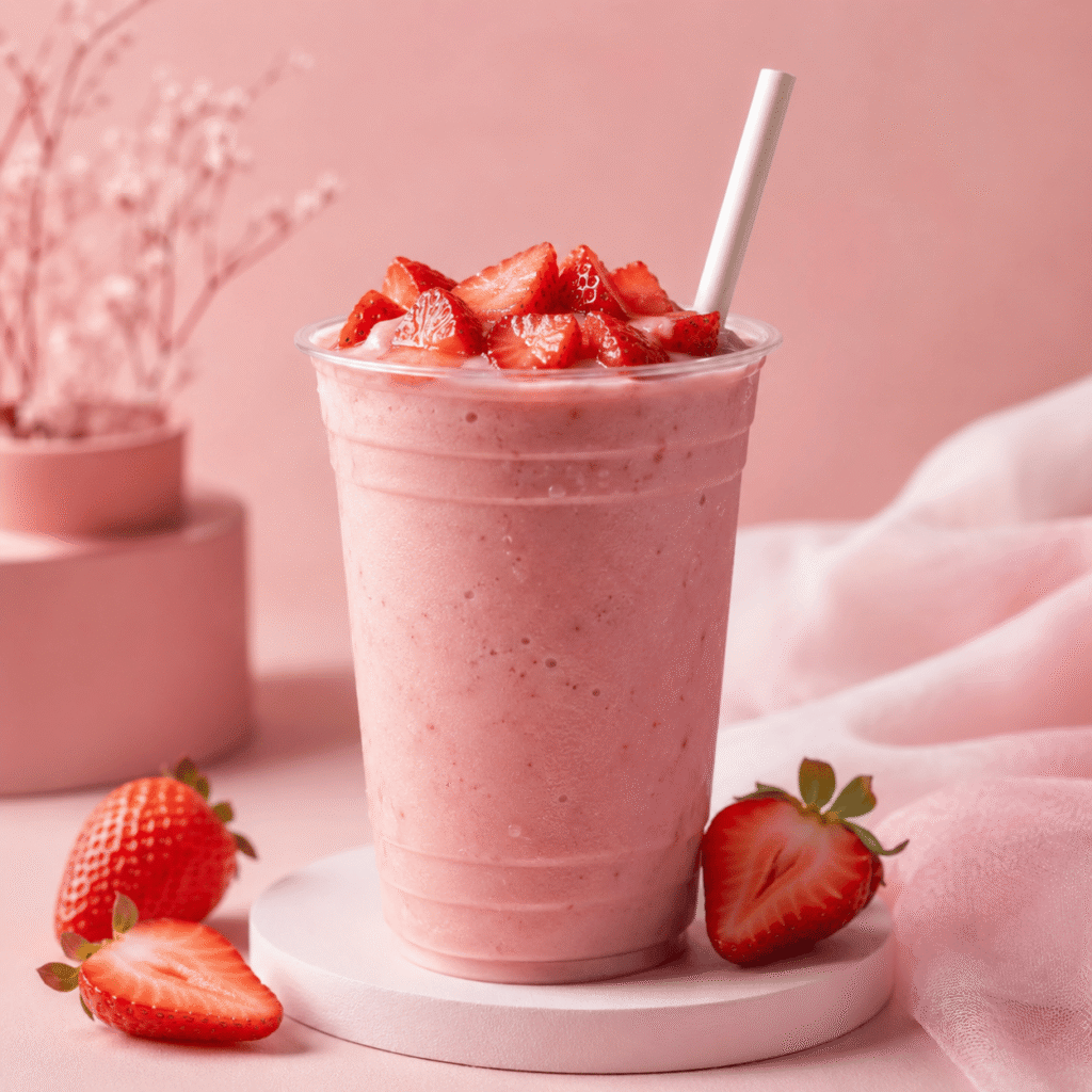 prompt foto ai untuk minuman smoothies strawberry