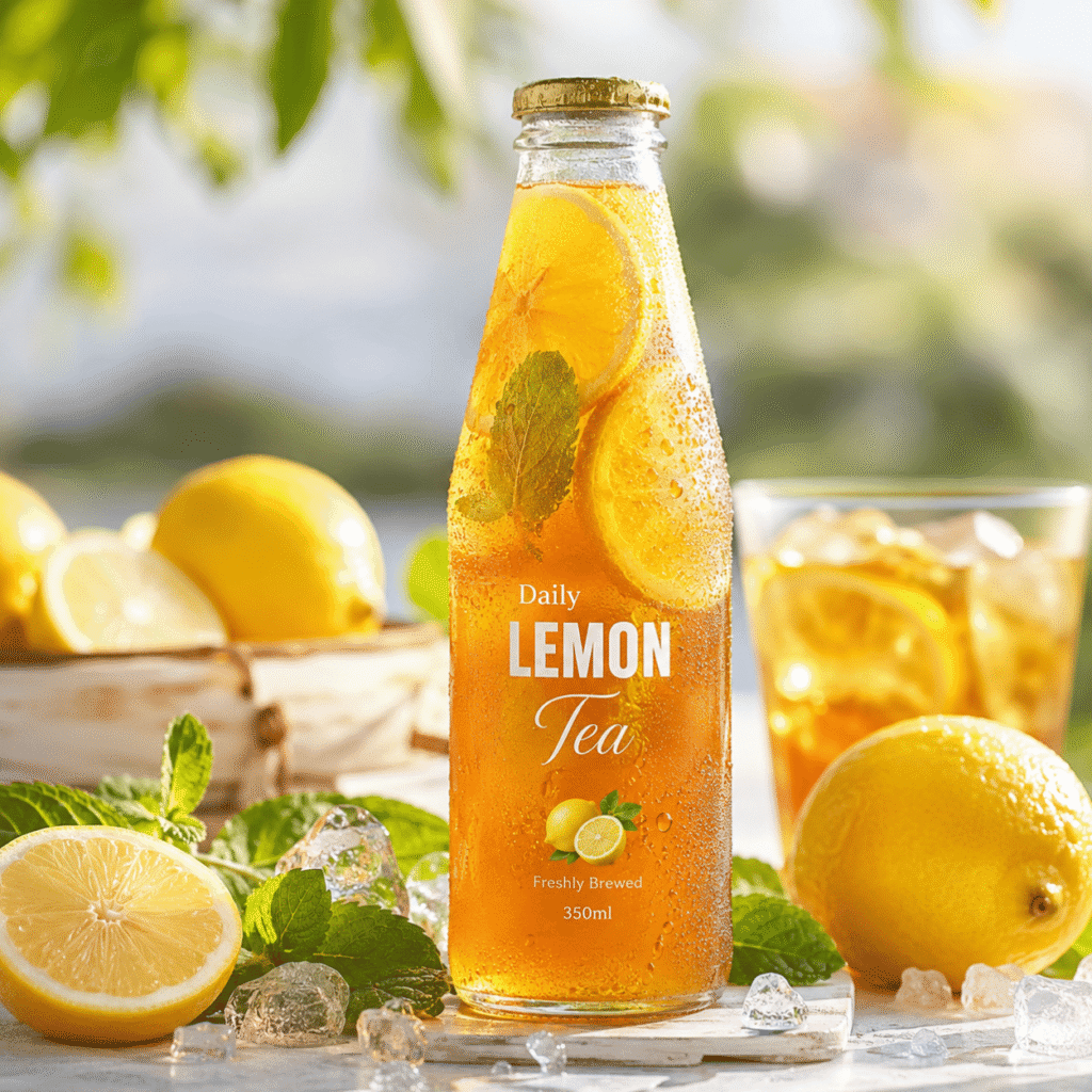 prompt foto ai minuman lemon tea segar