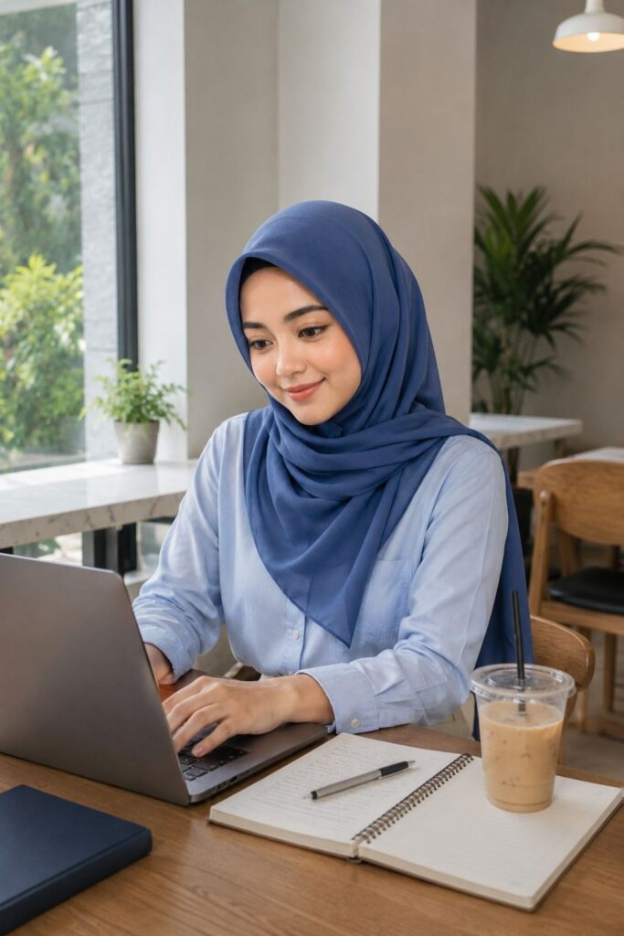 Prompt Ai Foto Kerja dengan Laptop di Cafe