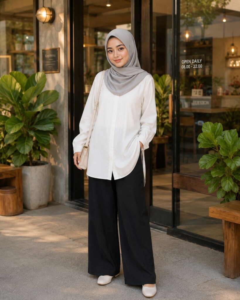 Prompt Ai Foto OOTD Hijab Berdiri di Cafe