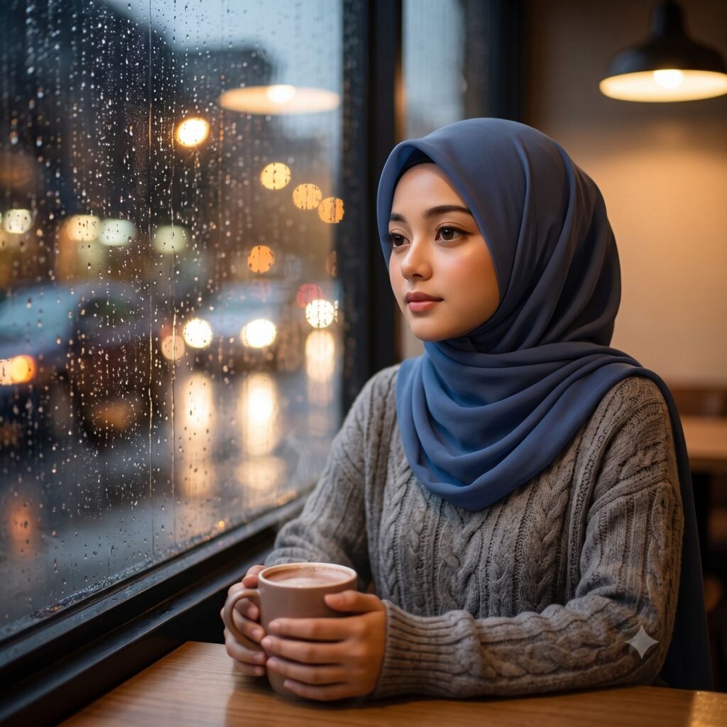Prompt Ai Foto di Cafe Saat Hujan