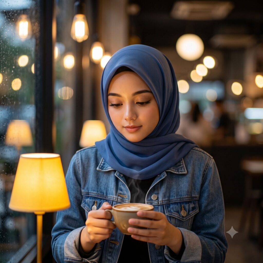 Prompt Foto AI di Cafe Malam dengan Lampu Warm