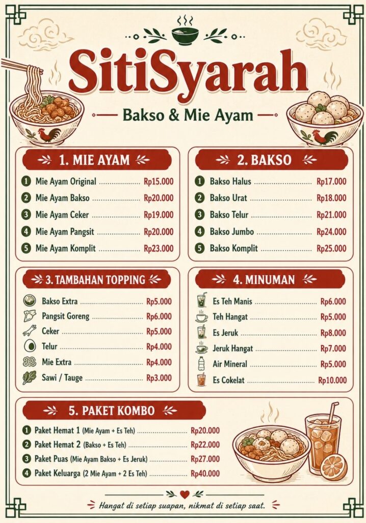 cara membuat daftar menu baso dan mie ayam pakai chatgpt dan gemini