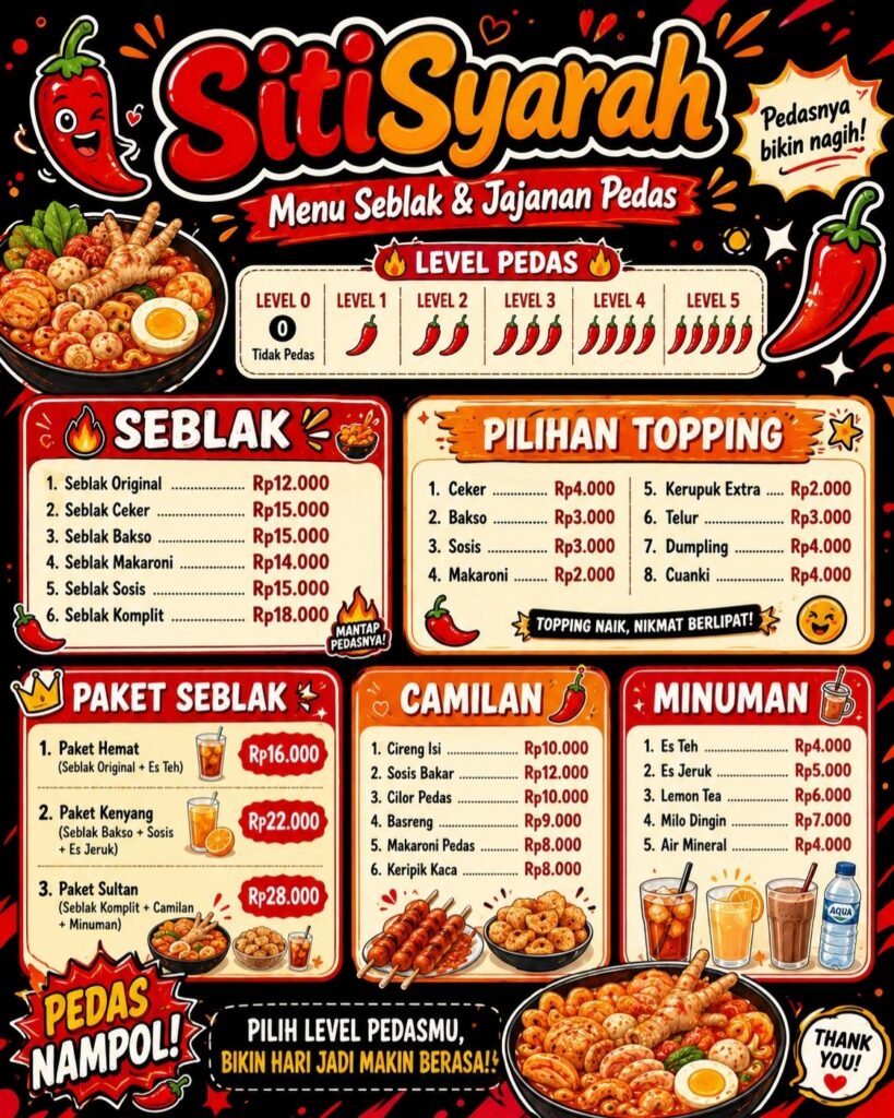 cara buat daftar menu seblak pakai ai