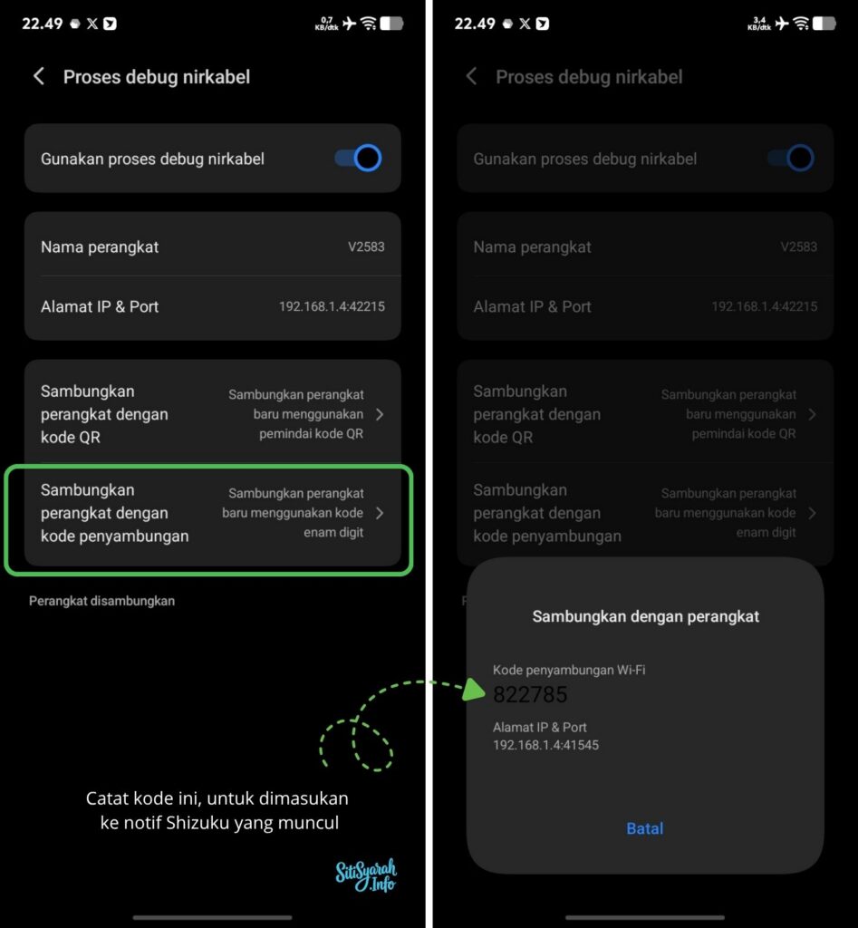 cara dapatkan kode wireless debug android shizuku