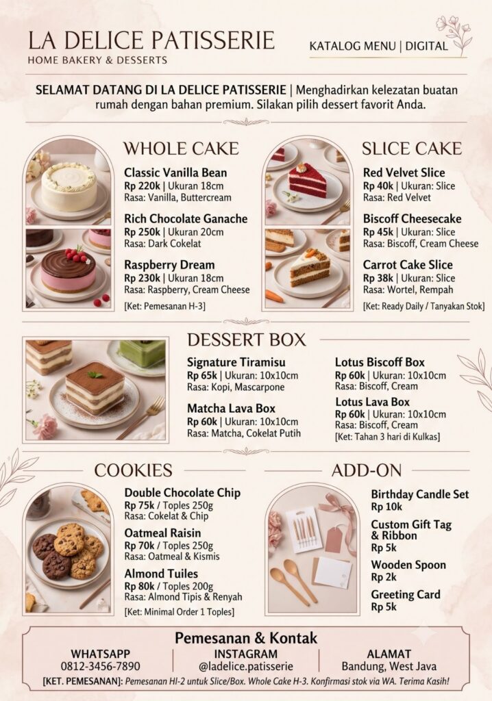 prompt ai Menu Dessert sederhana elegan estetik
