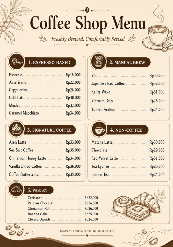 prompt ai membuat menu makanan cafe sederhana