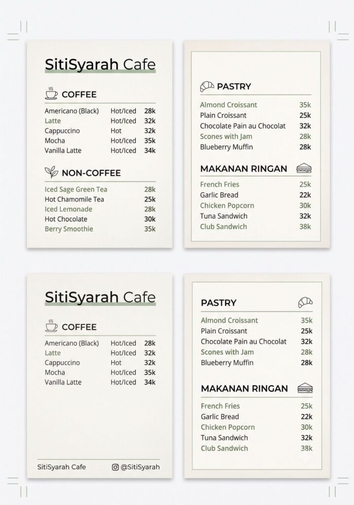 prompt gemini ai daftar menu cafe estetik